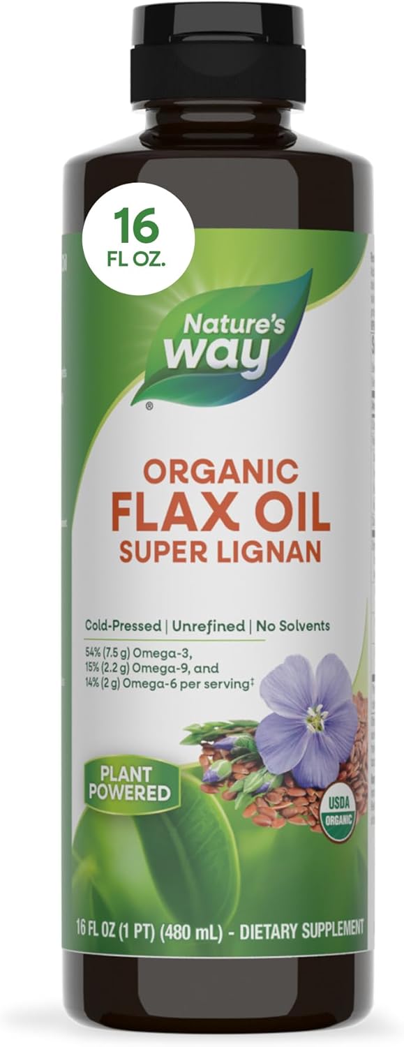 Nature's Way Organic Flax Oil Super Lignan, Cold-Pressed Flaxseed Oil with Omega-3 ALA, Unrefined Organic Liquid, 473 mL