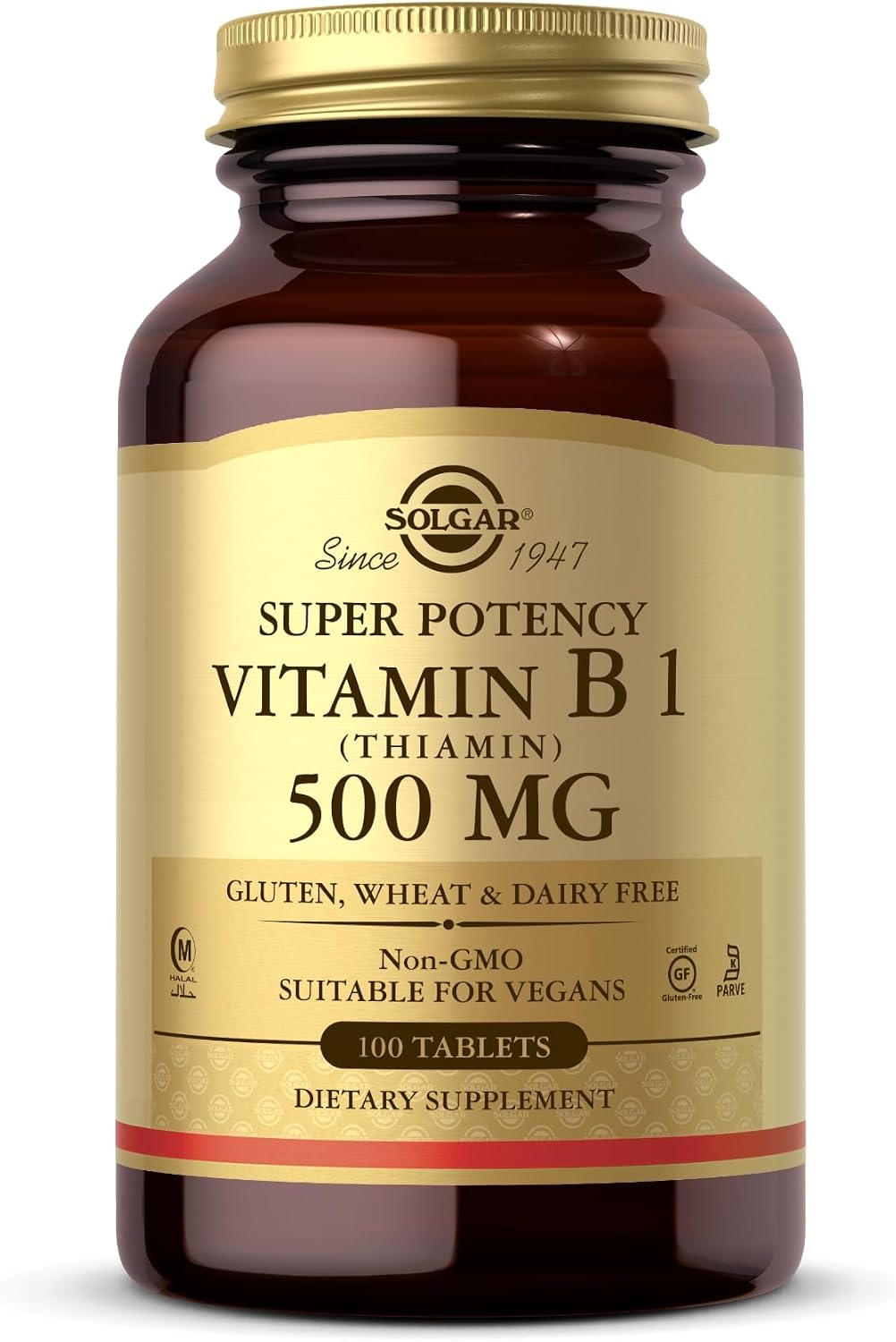 Solgar Vitamin B1 (Thiamin) 500 mg, 100 Tablets – Super Potency, Non-GMO, Vegan, Gluten Free, Kosher, Halal