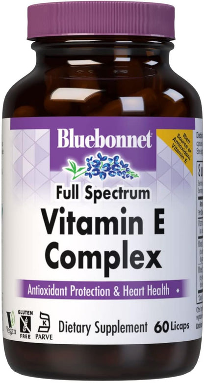 BlueBonnet Full Spectrum Vitamin E Complex 200 IU - Natural Antioxidant for Immune & Skin Health with D-Alpha & D-Gamma Tocopherols and Tocotrienols - Gluten-Free, Vegan, Kosher - 60 Softgels