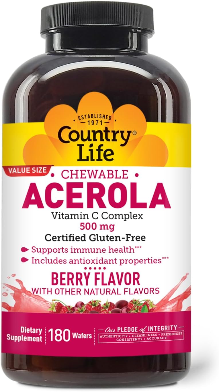 Country Life Acerola Vitamin C Complex - 500mg Chewable Berry Flavoured Wafers - Supports Immune Health - 180 Count