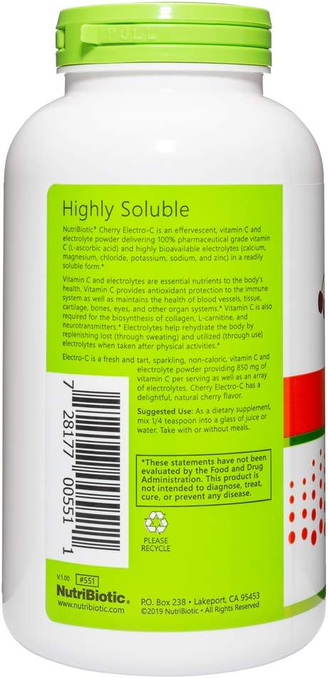 NutriBiotic Cherry Electro-C Vitamin C & Electrolyte Powder, 16 oz (454 g)