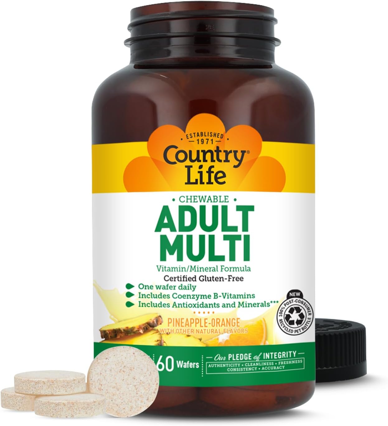 Country Life Adult Chewable Multivitamin with Coenzyme B-Vitamins, Antioxidants, Minerals, Pineapple-Orange Flavour - Gluten-Free - 60 Wafers
