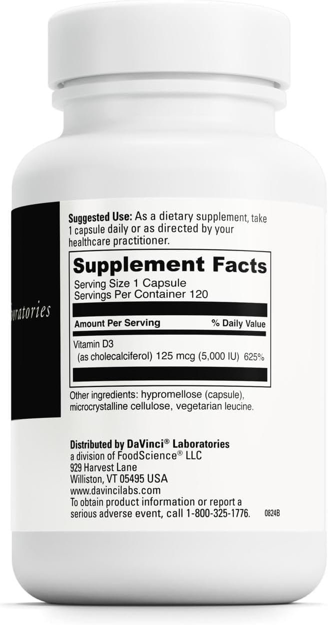 DAVINCI Labs Vitamin D3 5000 IU - Supplement for Bone, Heart, and Immune Health - 120 Capsules