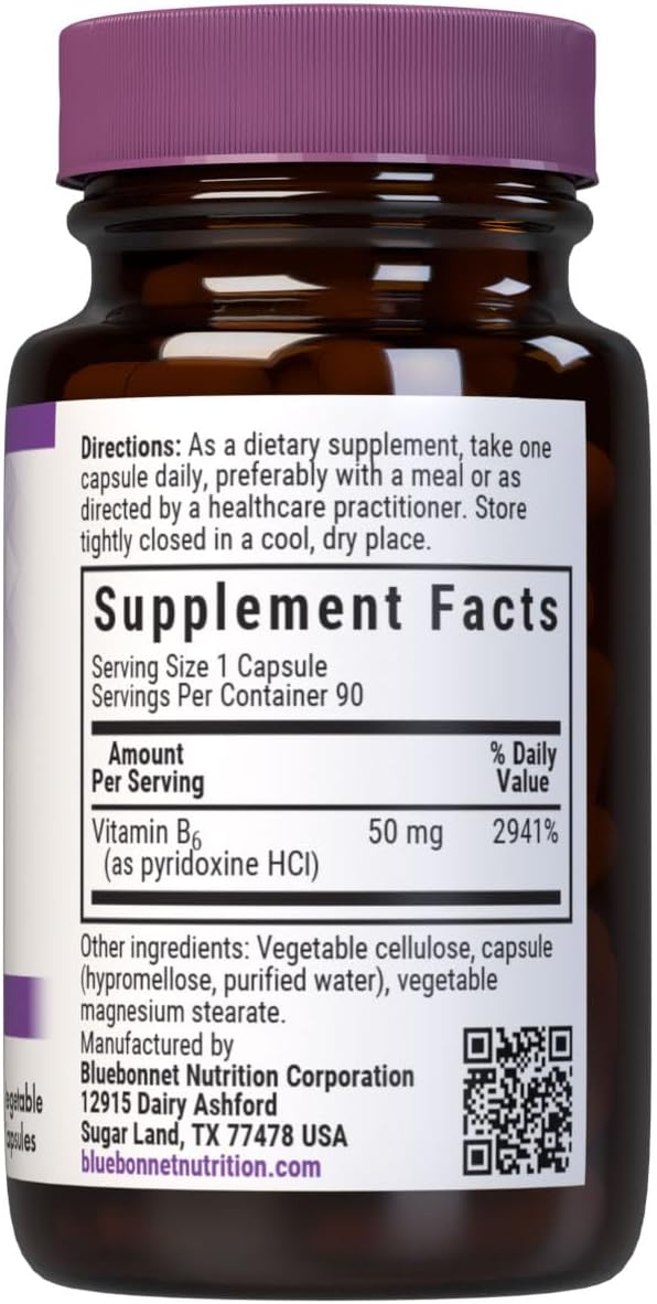 Bluebonnet Nutrition Vitamin B6 50 mg – Vegan, Non-GMO, Gluten-Free Energy Support – 90 Capsules