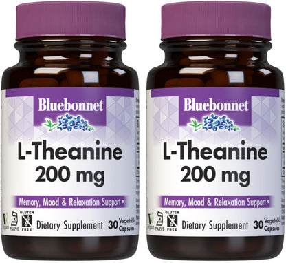 BlueBonnet L-Theanine 200mg Daily Nootropic Promotes Relaxation for Women and Men* - Free Form Amino Acid L Theanine Supplement - Non-GMO, Vegan, Gluten-Free - 30 Vegetable Capsules