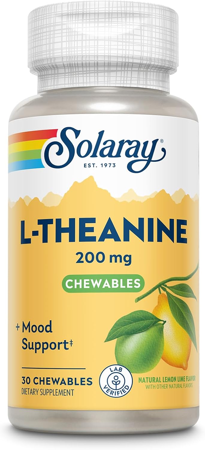 SOLARAY L-Theanine 200mg Chewable - Mood Support Supplement with Vitamin B6 - Natural Lemon Lime Flavour, 30 Chewables