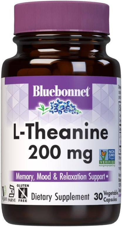 BlueBonnet L-Theanine 200mg Daily Nootropic Promotes Relaxation for Women and Men* - Free Form Amino Acid L Theanine Supplement - Non-GMO, Vegan, Gluten-Free - 30 Vegetable Capsules