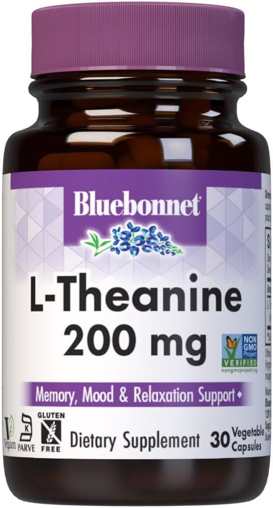 BlueBonnet L-Theanine 200mg Daily Nootropic Promotes Relaxation for Women and Men* - Free Form Amino Acid L Theanine Supplement - Non-GMO, Vegan, Gluten-Free - 30 Vegetable Capsules