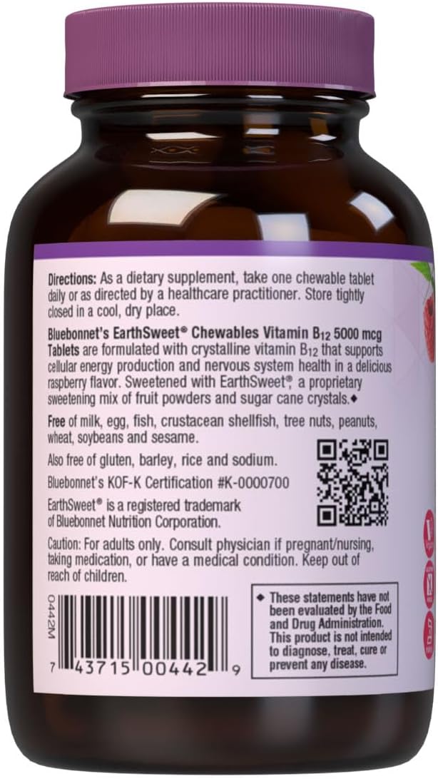 Bluebonnet Nutrition Earth Sweet Vitamin B12 5000 mcg Chewable Tablets – Vegan, Gluten-Free, Raspberry Flavour