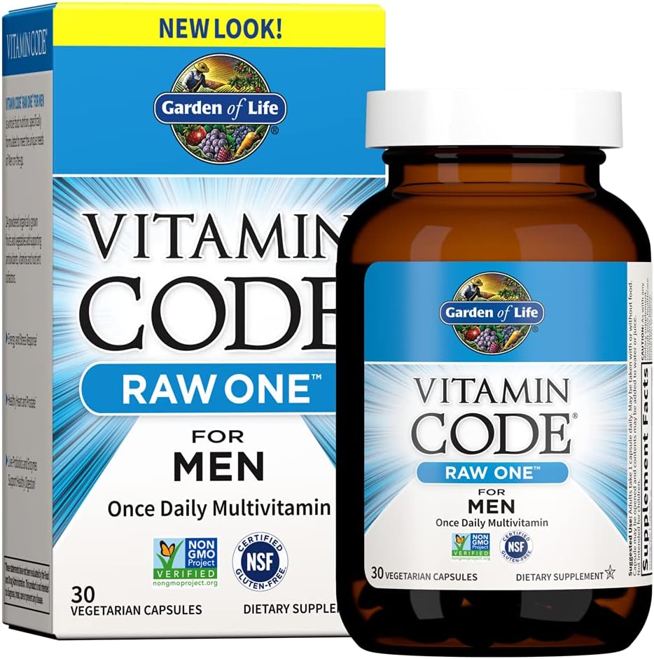 Garden of Life Vitamin Code RAW ONE for Men Once Daily Whole Food Multivitamin with Probiotics for Heart Health and Prostate Health, Non-GMO, 75 Capsules