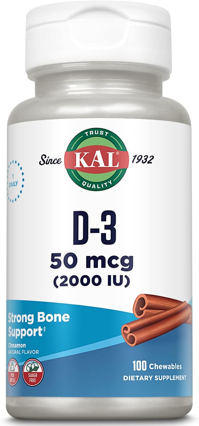 KAL Vitamin D3 Chewables - 2000 IU (50 mcg) - Sugar Free Natural Cinnamon Flavour - 100 Chewables