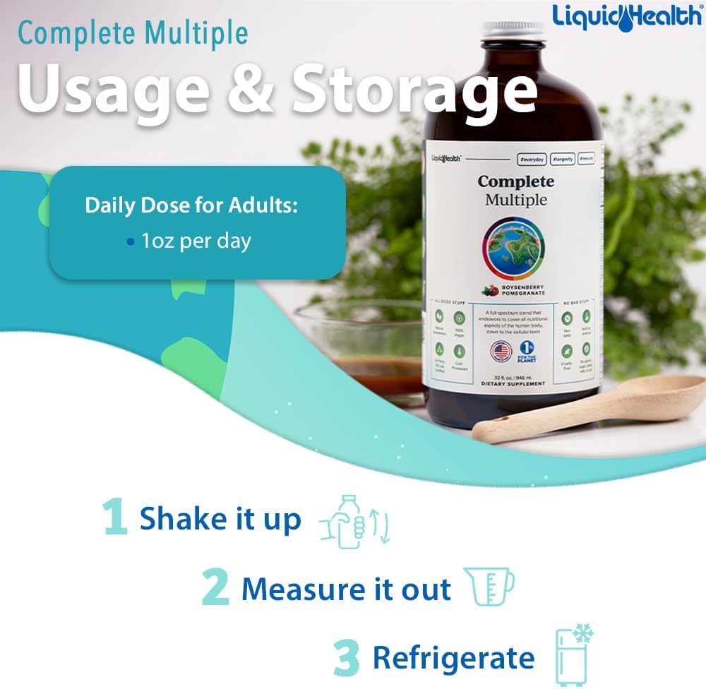 LIQUIDHEALTH Complete Multiple Adult Liquid Multivitamin with Real Fruits & Vegetables, Immune & Gut Health Support, Energy, Vegan, Non-GMO (946 mL)