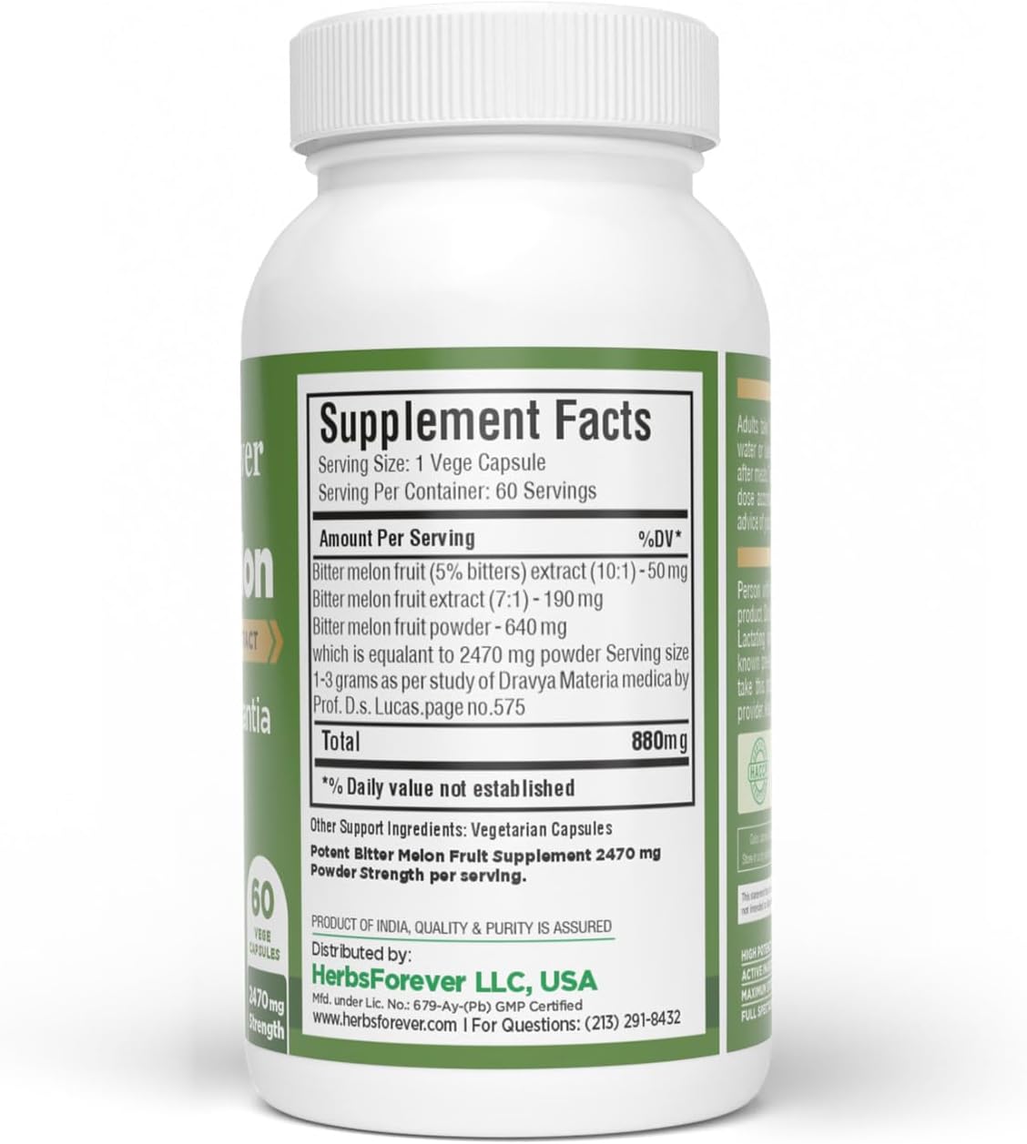 HerbsForever Bittermelon/Gourd Extra Strength (10:1) Extract – 800mg, 60 Veg Capsules