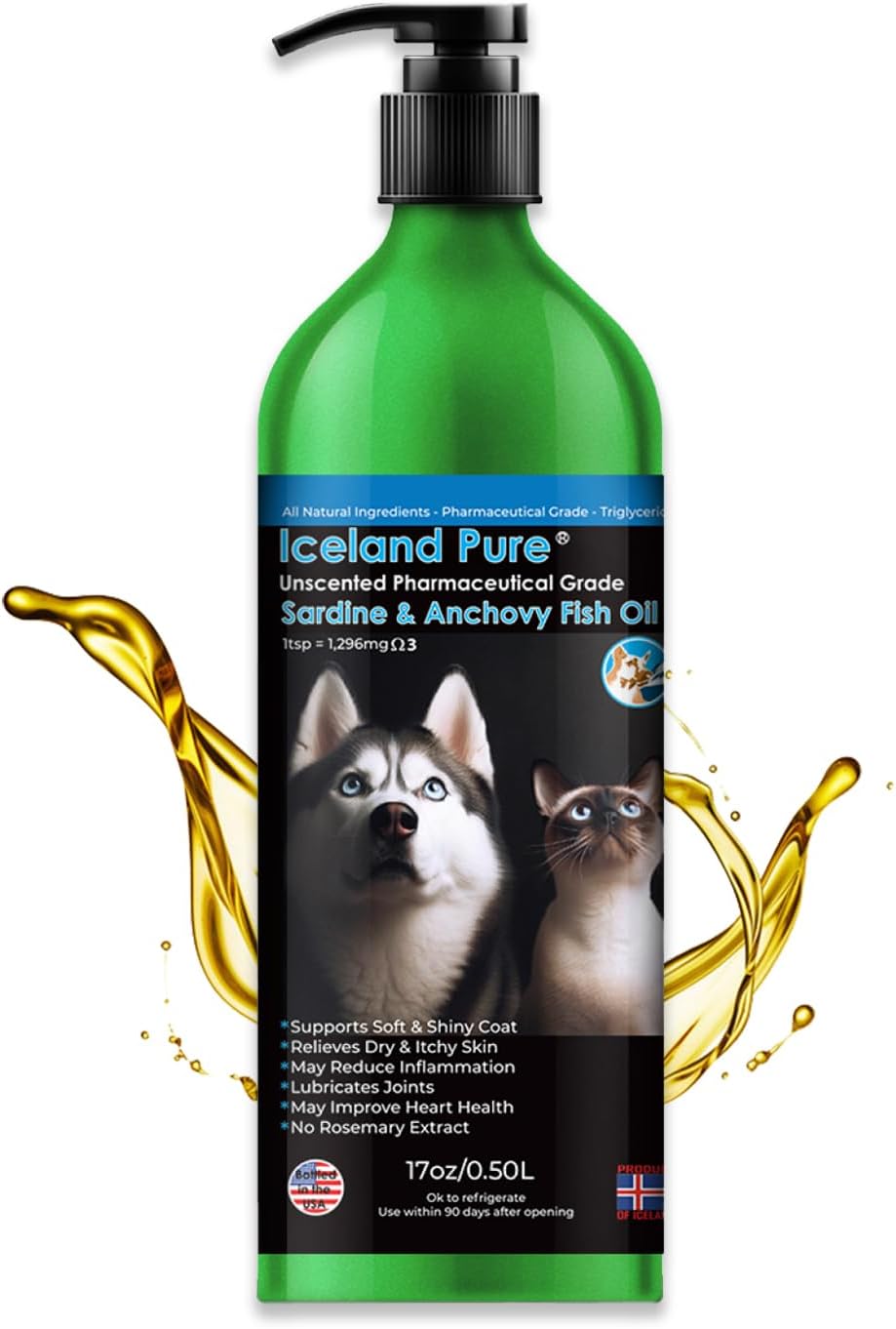 Iceland Pure Sardine Anchovy Oil | Wild-Caught | 1597 mg Omega-3 per Teaspoon | Pharmaceutical Grade | for Dogs and Cats | BPA-Free Brushed Aluminium Bottle with Pump (8.75 oz)