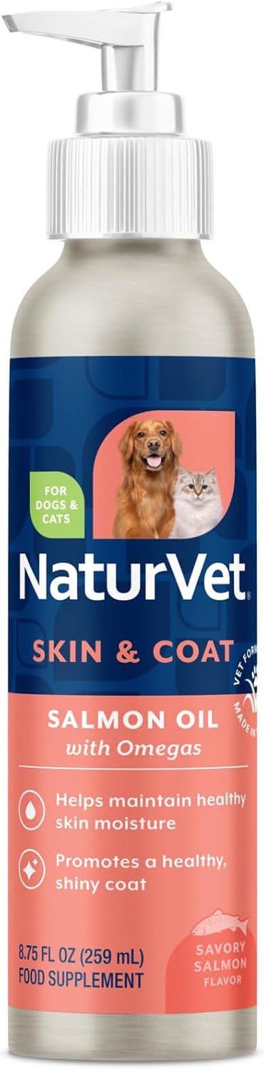 NaturVet Salmon Oil Skin & Coat Plus Omegas – Supports Healthy Skin & Glossy Coat – Source of Omega-3 & 6 Fatty Acids – for Dogs & Cats (8.75 oz Oil)