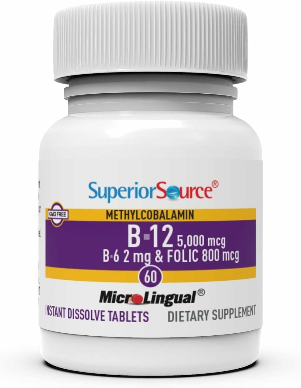 Superior Source No Shot Vitamin B12 Methylcobalamin (5000 mcg) with B6 & Folic Acid - Quick Dissolve Sublingual Tablets, 60 Count