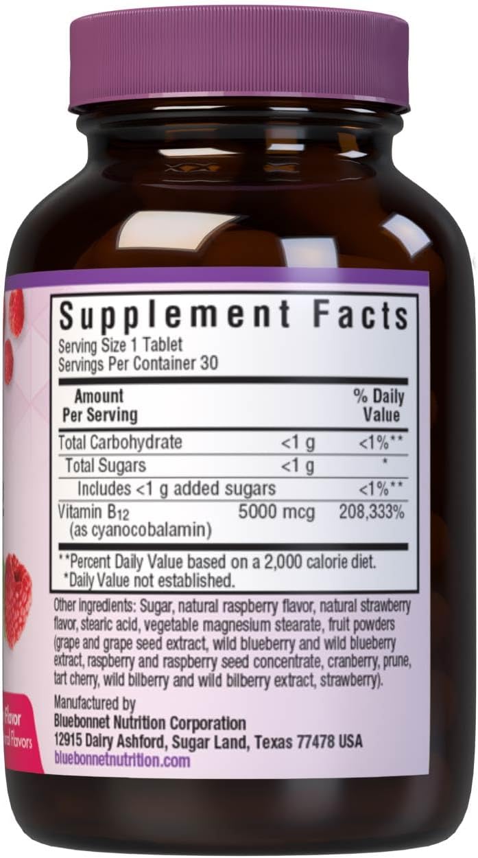 Bluebonnet Nutrition Earth Sweet Vitamin B12 5000 mcg Chewable Tablets – Raspberry Flavour, 30 Count