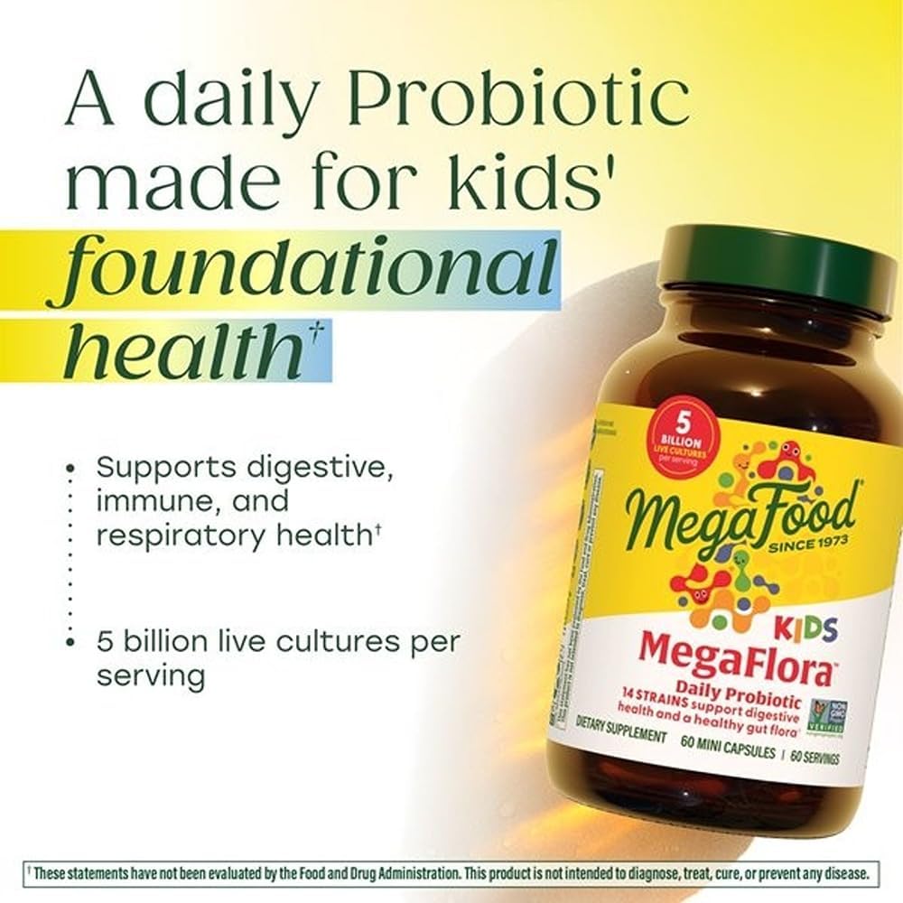 MegaFood MegaFlora Kids Probiotics - 5 Billion CFUs - Digestive and Immune Support - 60 Mini Capsules