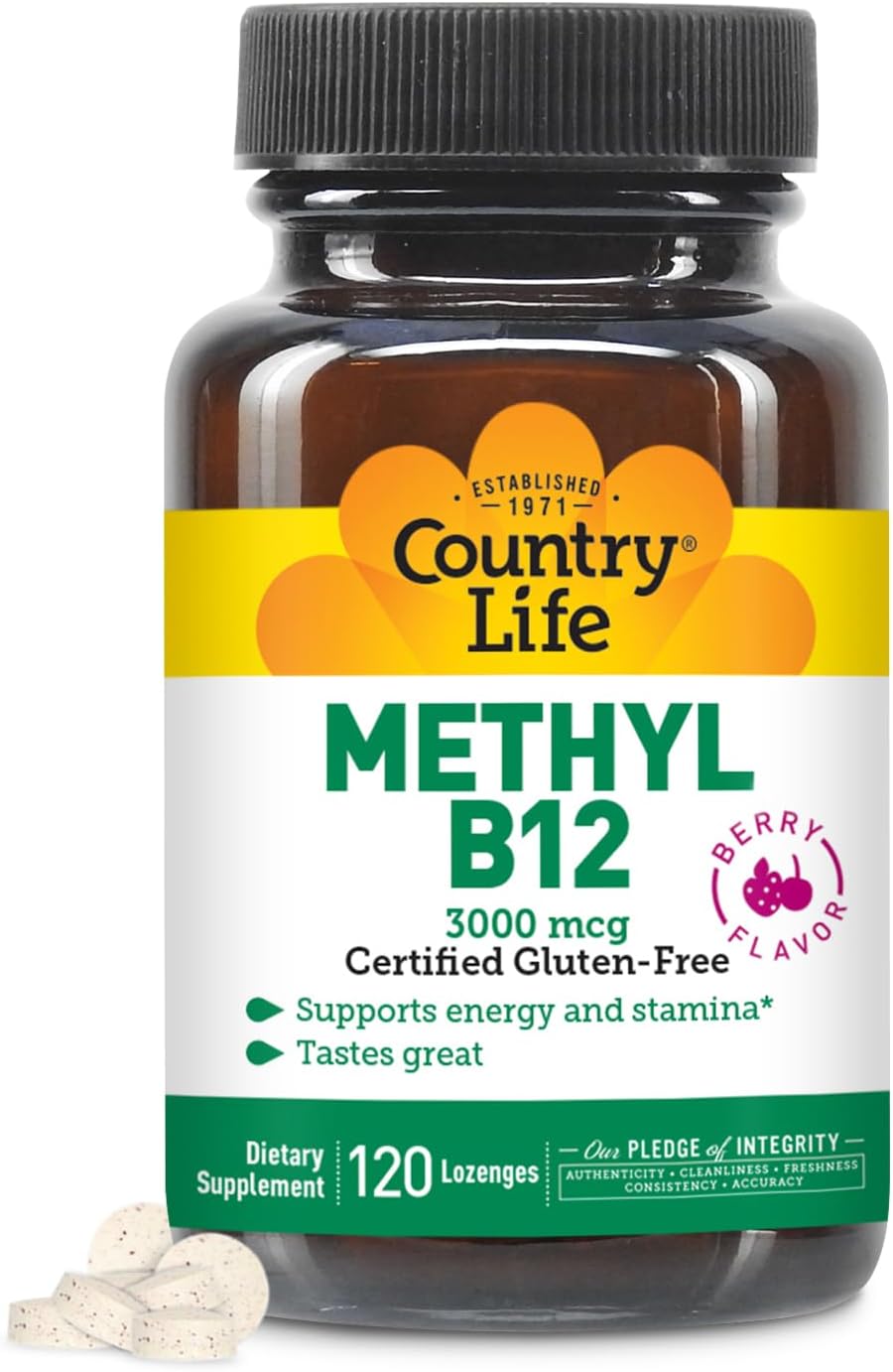 Country Life Methyl B12, 3000 mcg Lozenges - Berry Flavour, 120 Vegan Lozenges