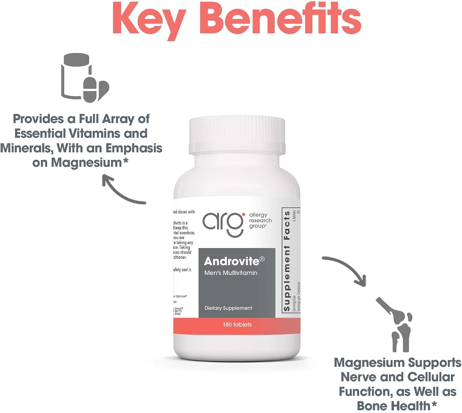 Optimox Androvite for Men - Magnesium Supplement 500 mg, Multivitamin & Multimineral, Calcium-Free - 180 Tablets