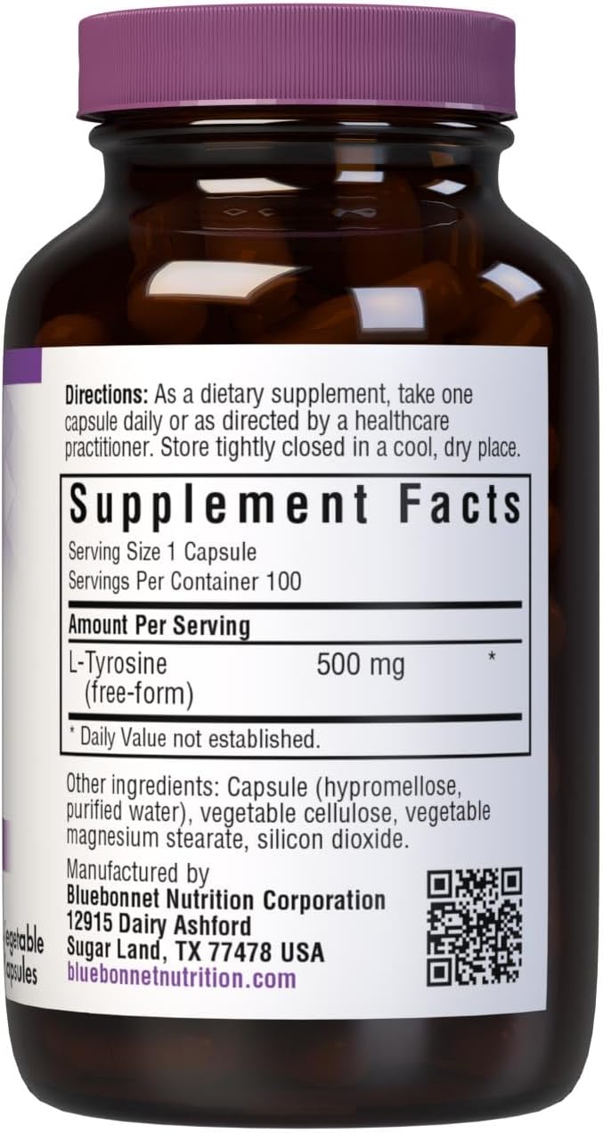 Bluebonnet L-Tyrosine 500 mg, 100 Vegan Capsules - Free-Form Amino Acid Supplement - görsel 2