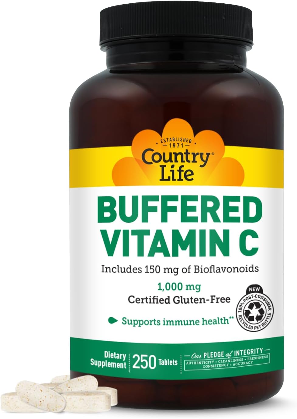 Country Life Buffered Vitamin C 1000 mg with Bioflavonoids, Calcium, Magnesium, Potassium - Immune Support, Vegan, Gluten-Free - 250 Tablets