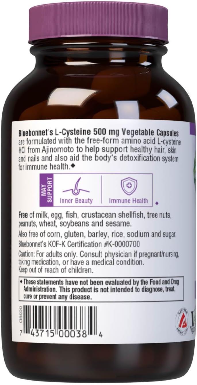 Bluebonnet Nutrition L-Cysteine 500 mg, Free-Form Amino Acid – 60 Vegetable Capsules