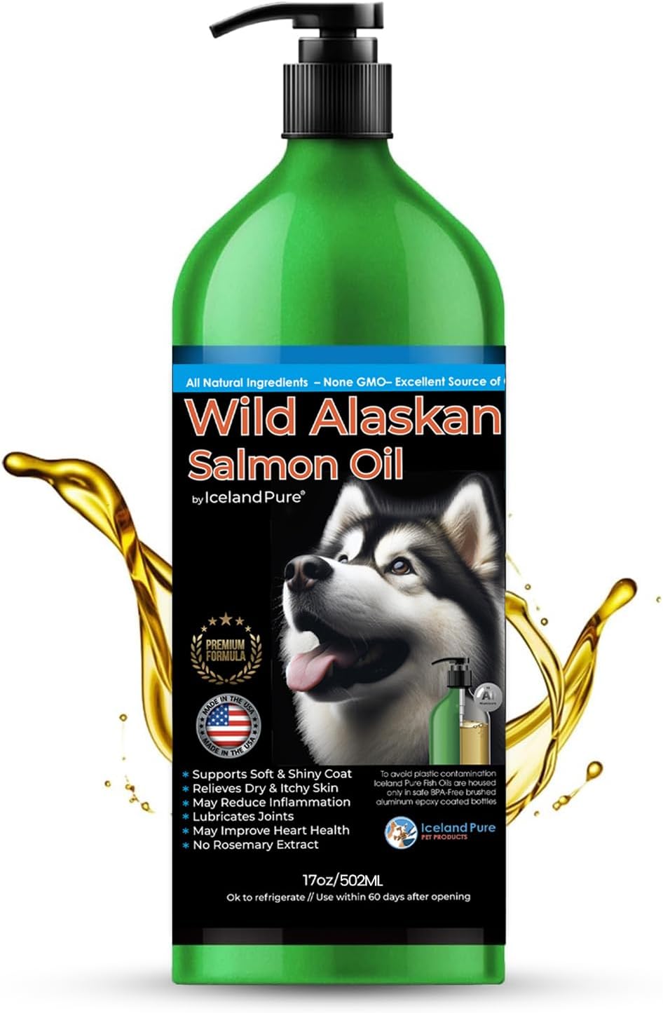 Iceland Pure Wild Alaskan Salmon Oil for Dogs and Cats – Omega-3 Supplement with Pollock Oil, 17 fl oz (500 mL)