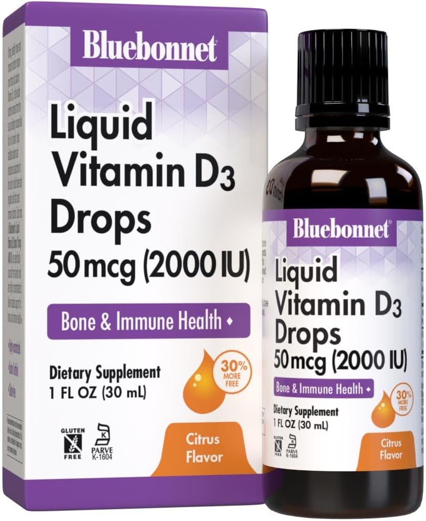 Bluebonnet Vitamin D3 2000 IU Liquid Drops – Citrus Flavour – 30 mL (900 Servings)