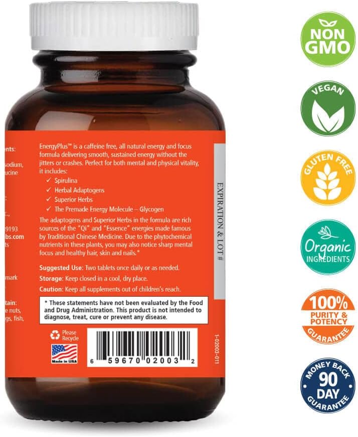 Energy Plus by Pure Essence - Caffeine-Free, All-Natural Herbal Energy and Focus Supplement - Smooth, No Jitters, No Crash - 120 Tablets