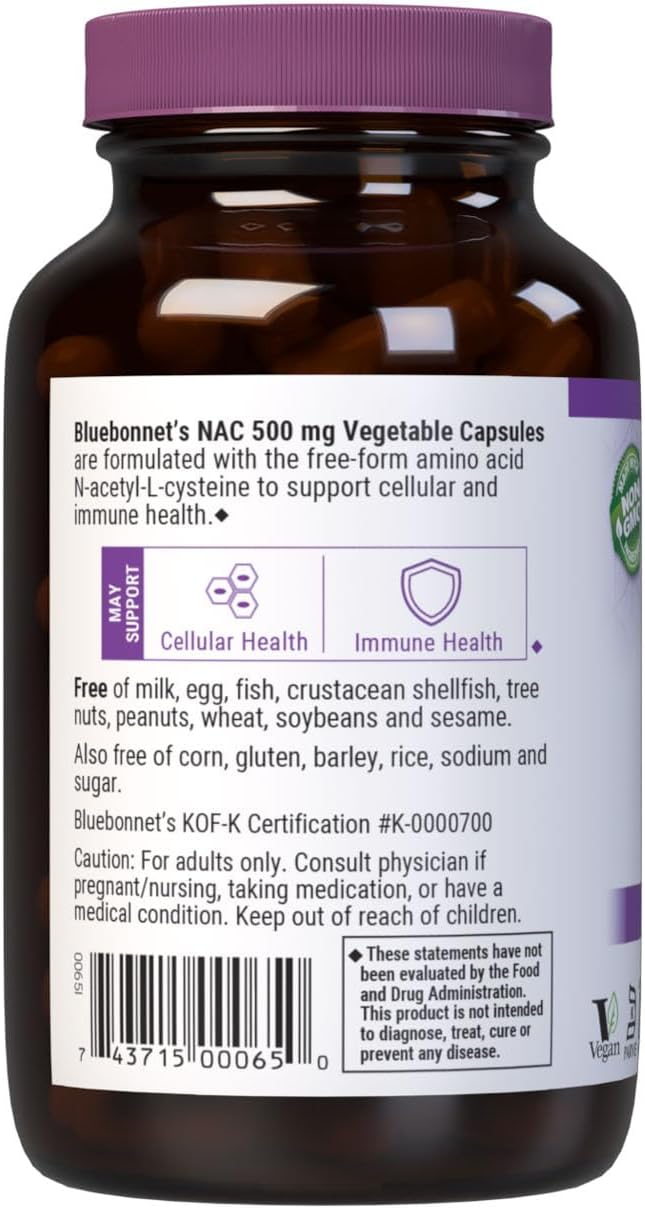 Bluebonnet NAC Supplement N-Acetyl-L-Cysteine 500 mg - Antioxidant Cellular Health and Immune Support - Free-Form Amino Acid - Non-GMO, Kosher, Gluten-Free - 90 Vegetable Capsules - görsel 3