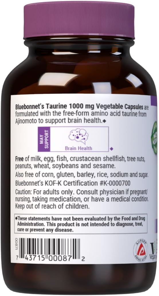 Bluebonnet Nutrition Taurine 1000 mg – Nervous System Support, Non-GMO, Vegan, Kosher, 50 Capsules
