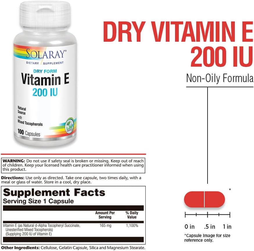 SOLARAY Vitamin E Dry 200 IU with Mixed Tocopherols - Helps Maintain Heart Health & Skin Health - 100 Capsules