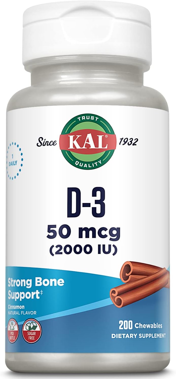 KAL Vitamin D3 Chewables - 2000 IU (50 mcg) - Sugar Free Natural Cinnamon Flavour - 200 Chewable Tablets