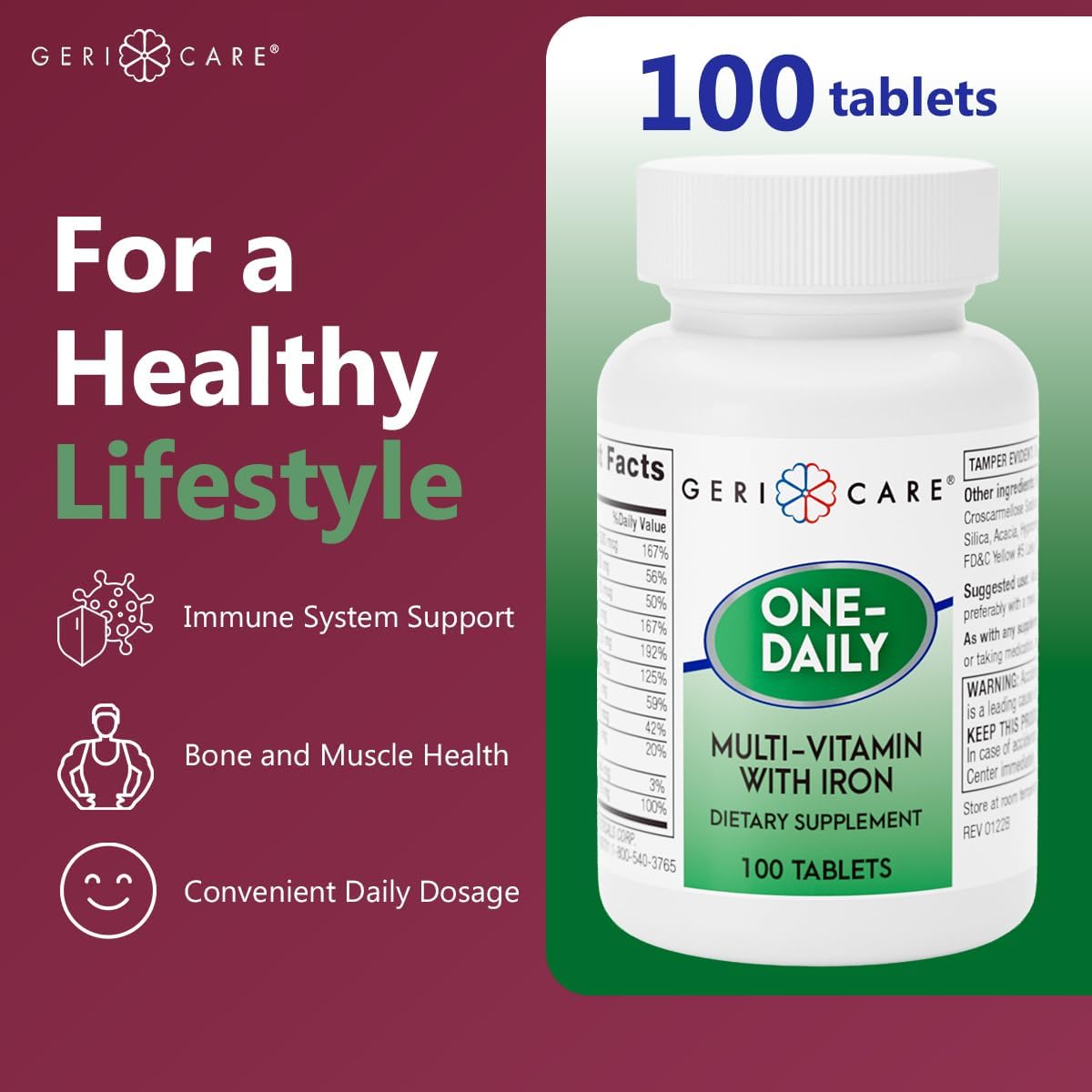 GeriCare One-Daily Multivitamin with Iron Tablets, 100 Count