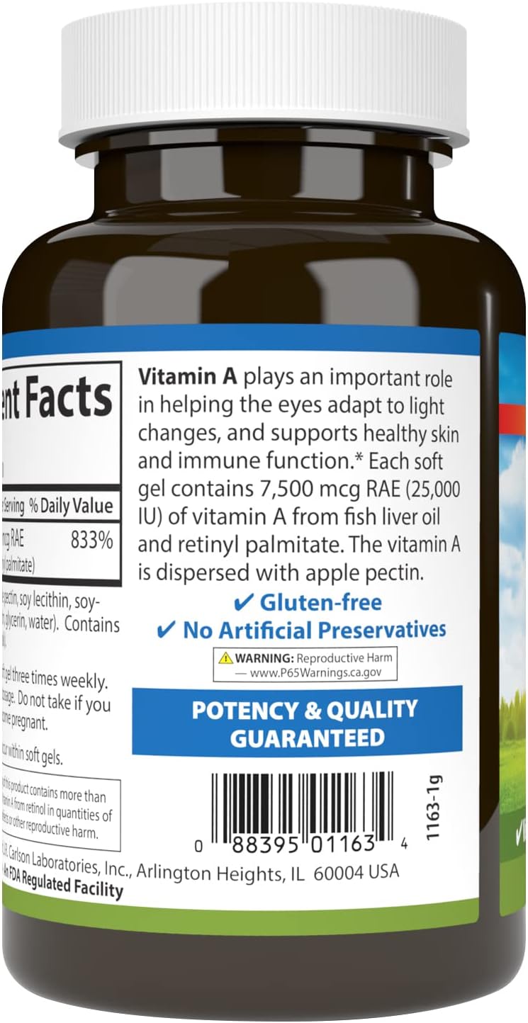 Carlson Labs Vitamin A with Pectin, 25,000 IU, 300 Softgels