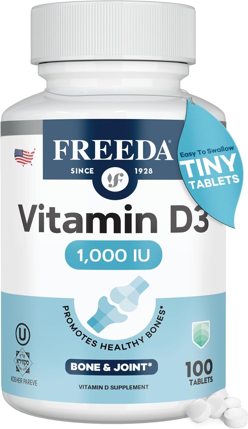 FREEDA Pure Vitamin D3 1000 IU – Daily Maintenance Dose – Bone Health, Joint, Muscle & Immune Support – 25 mcg 1,000 IU Easy-to-Swallow (500 Tiny Tablets)