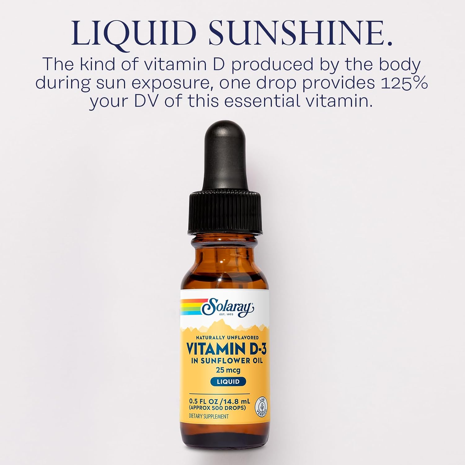 SOLARAY Vitamin D3 Liquid Drops - 25 mcg (1000 IU) - Enhanced Absorption, Naturally Unflavoured, 500 Servings, 15 mL