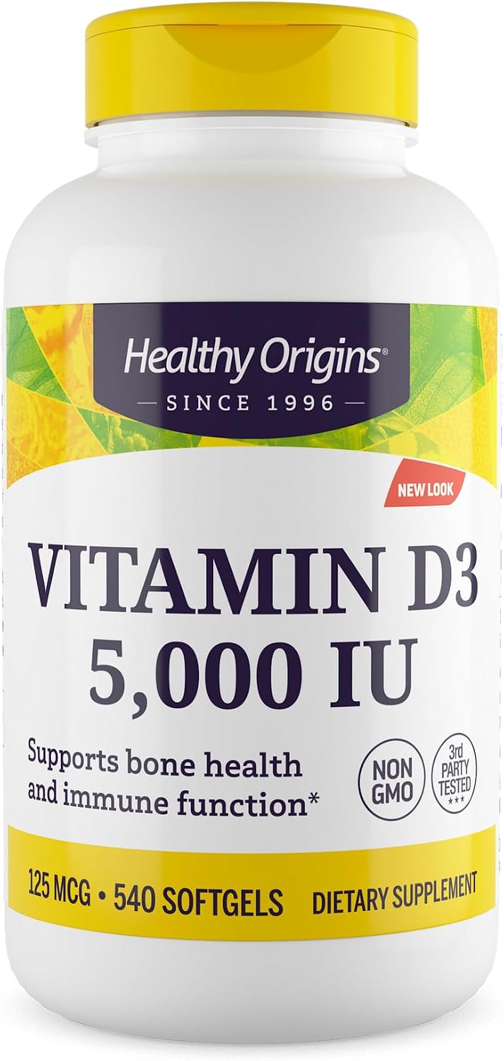 Healthy Origins Vitamin D3 5,000 IU - High Potency Softgels for Immune & Bone Support, Non-GMO, Gluten Free, 120 Count