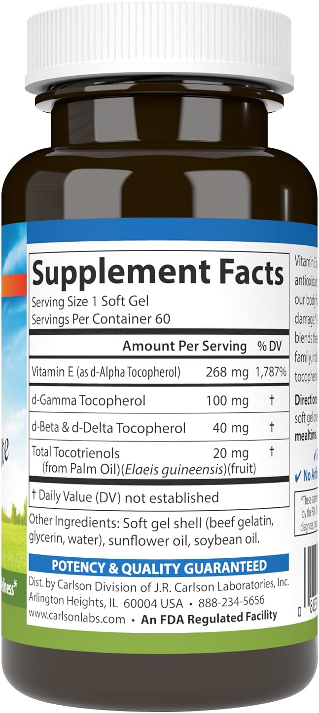 Carlson E-Gems Elite, 400 IU Vitamin E with Tocopherols & Tocotrienols, 60 Softgels