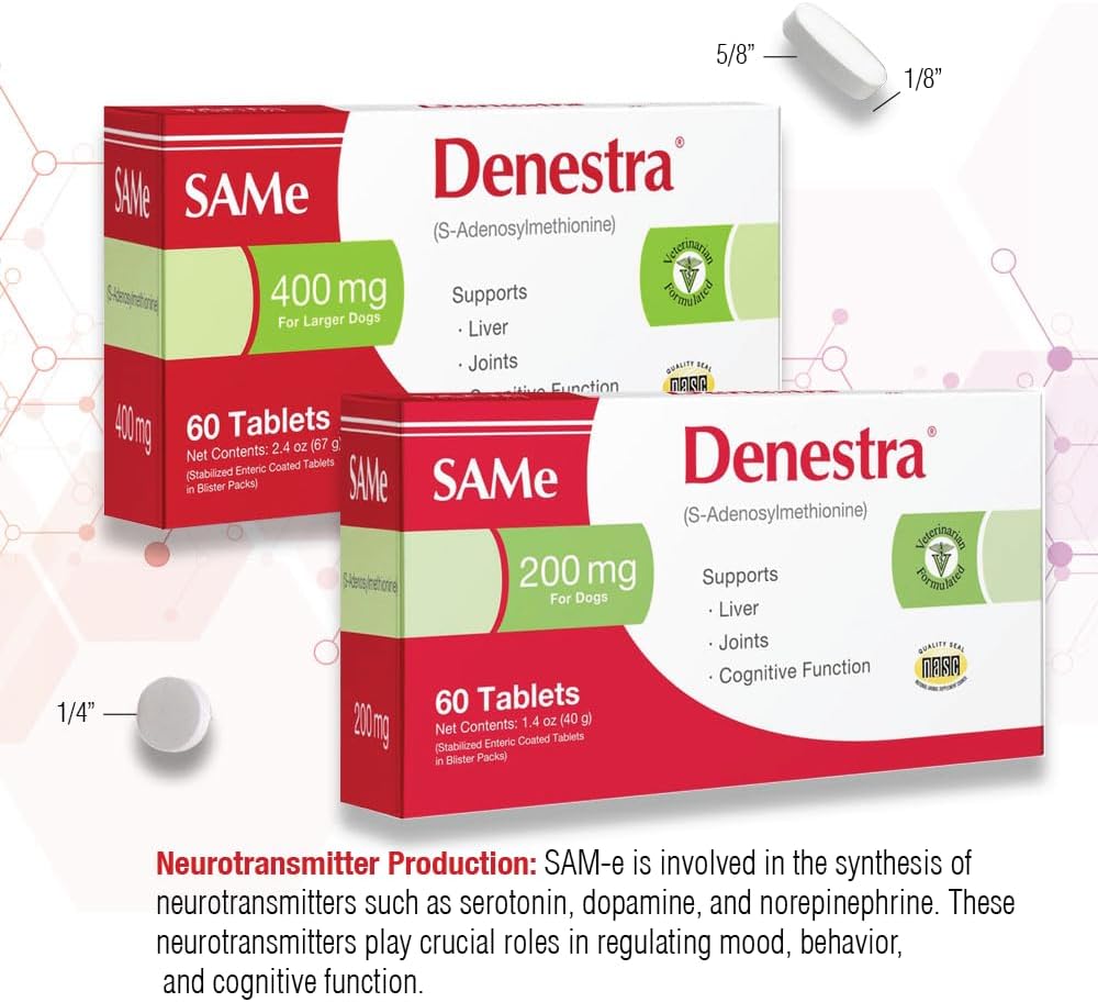 Denestra SAMe for Dogs – S-Adenosyl-L-Methionine (SAMe) – Liver, Joint & Cognitive Support for Dogs – Promotes Brain Function & Mobility – Vet-Approved Formula – 200 mg – 60 Tablets