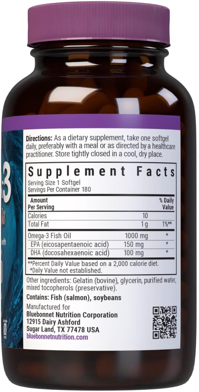 BlueBonnet Omega 3 1000mg Salmon Oil – EPA DHA Essential Fatty Acids – Heart Health Supplement for Men and Women – Molecularly Distilled, Triglyceride Form – 180 Softgels
