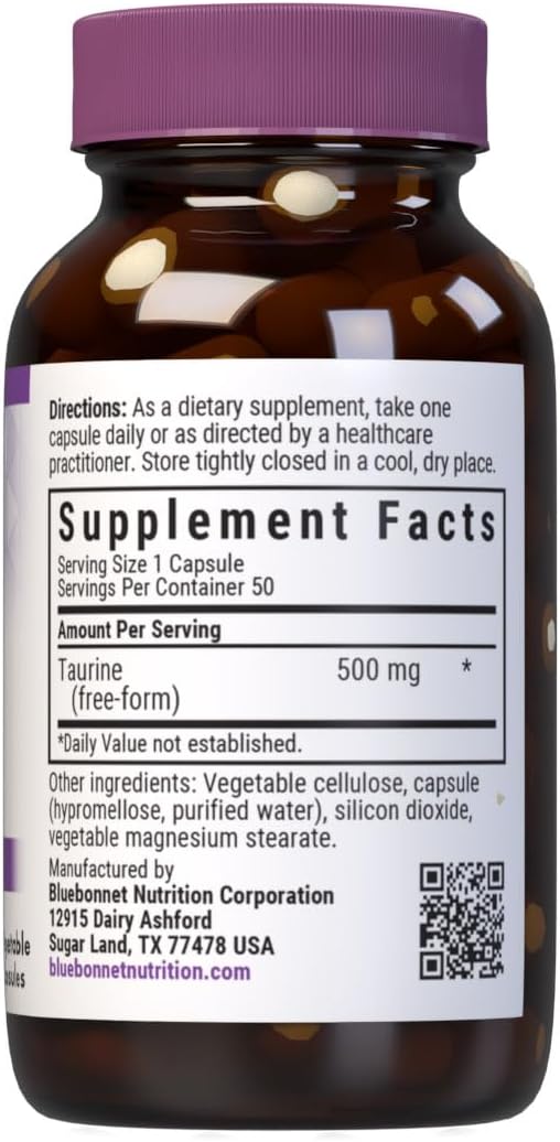 Bluebonnet Taurine 500 mg – Free-Form Amino Acid – 50 Vegetable Capsules