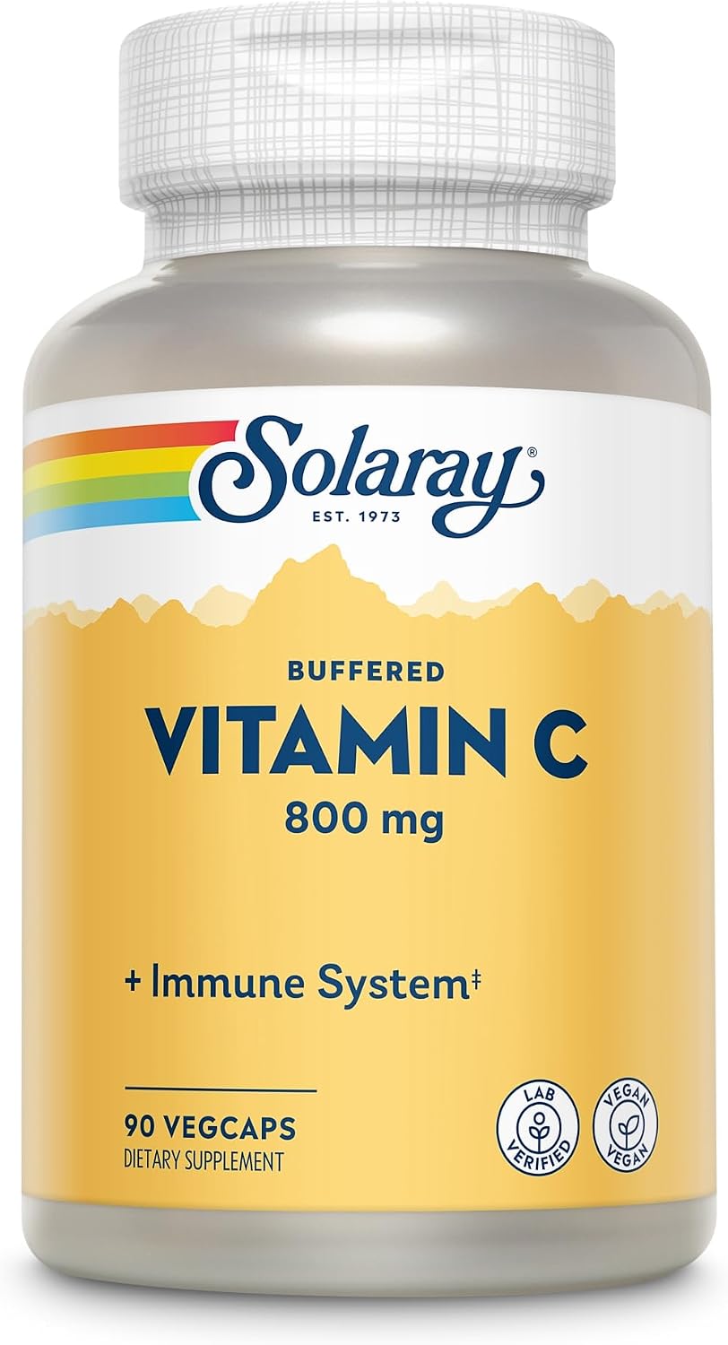 Solaray Buffered Vitamin C 800 mg with Rose Hips & Acerola – Immune Support, Skin & Bone Health – 90 VegCaps