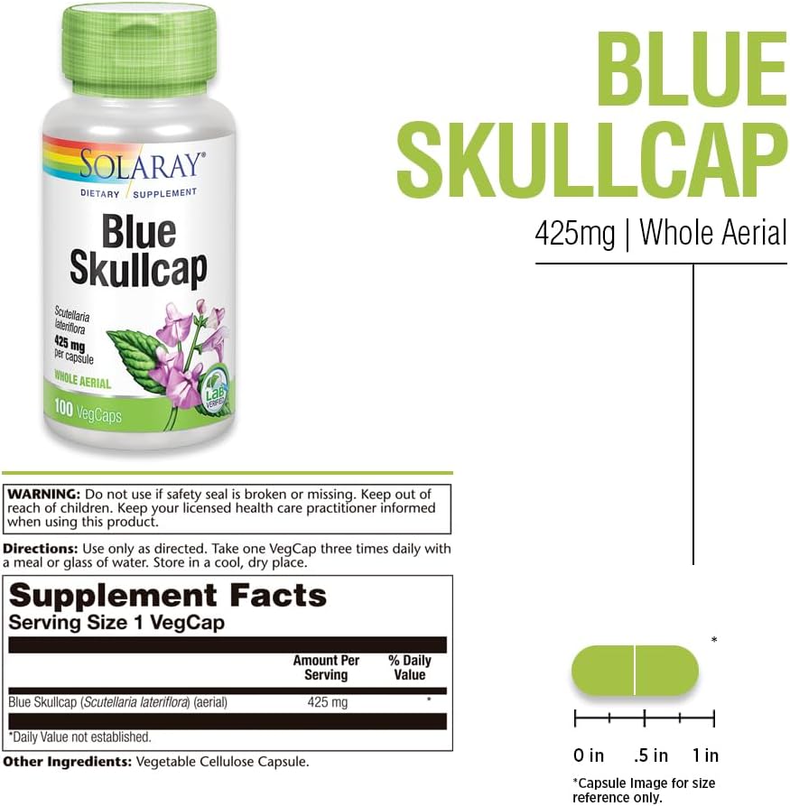 SOLARAY Blue Skullcap Supplement - 425 mg Skull Cap Extract Capsules for Women & Men, Whole Aerial, Non-GMO, Lab Verified Formula - 100 Count VegCaps