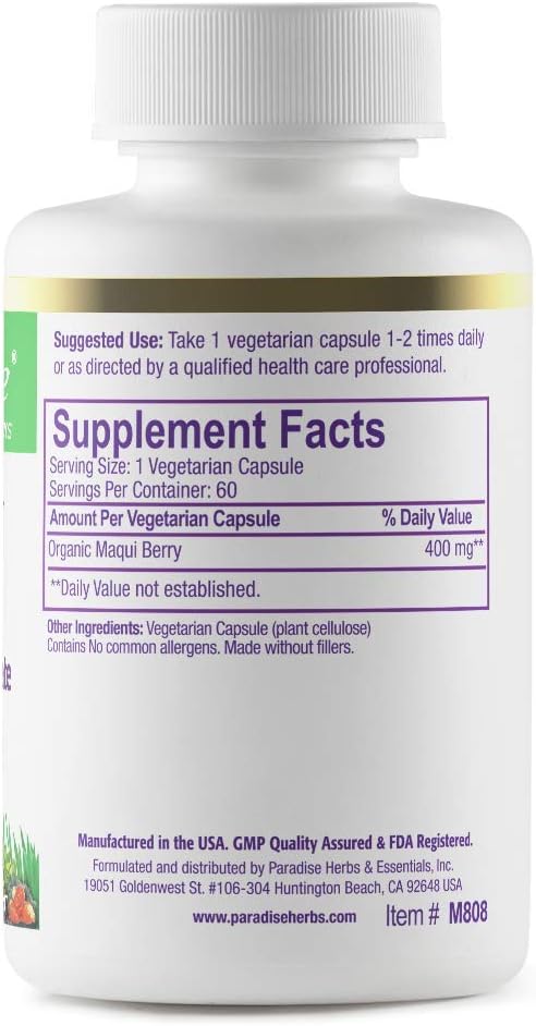 Paradise Herbs, Organic Maqui Berry Extract, 400 mg, Fresh Freeze-Dried Concentrate for Superior Potency, Non-GMO, Vegan, 60 Capsules