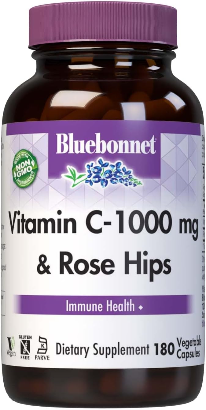 BlueBonnet Vitamin C 1000mg with Rose Hips – L-Ascorbic Acid, Vegan, Non-GMO – 180 Vegetable Capsules