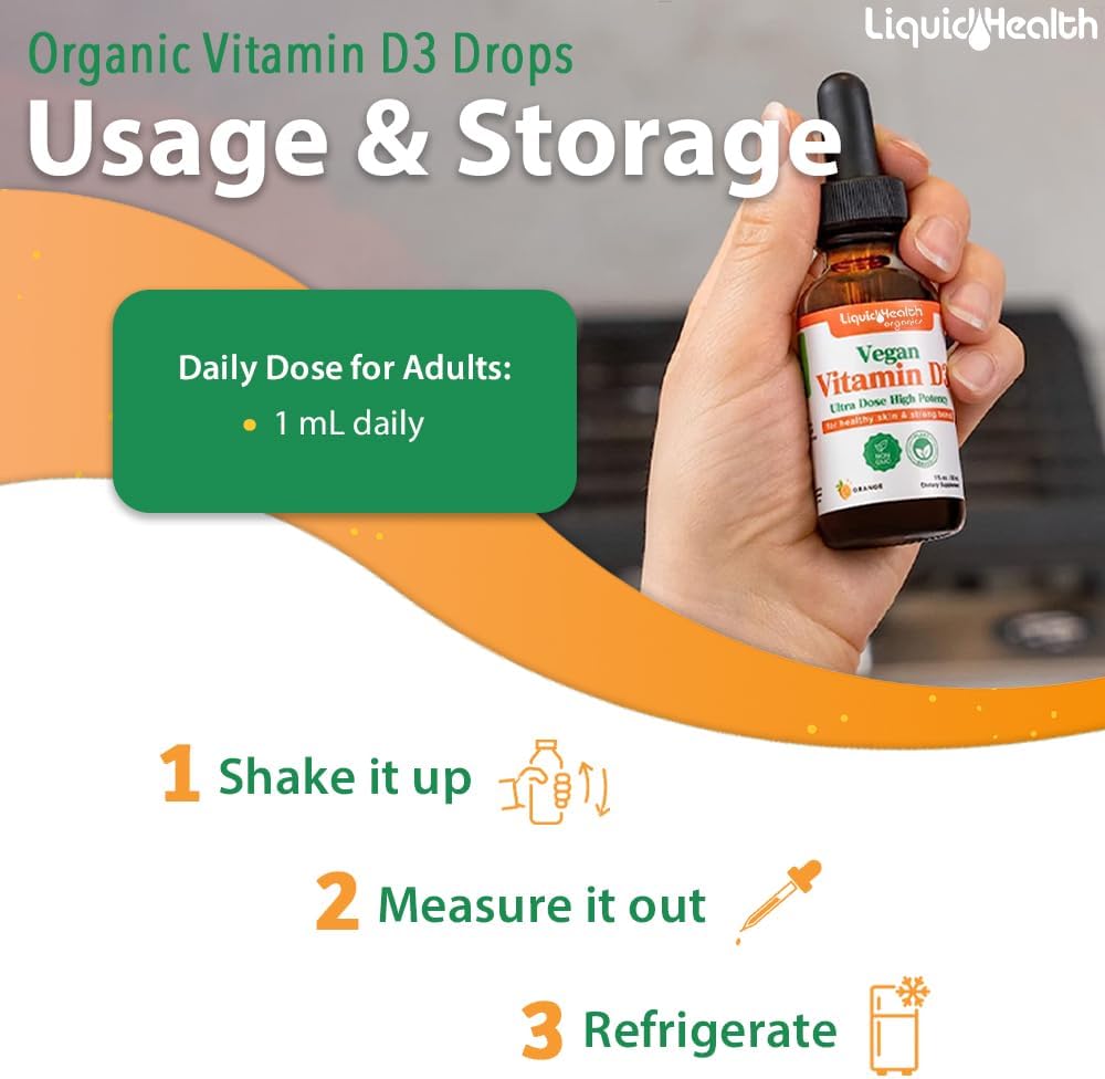 LIQUIDHEALTH Vitamin D3 4000 IU - USDA Organic Vegan Liquid Drops for Immune System Support, Bone Health & Mood Support (1 oz)