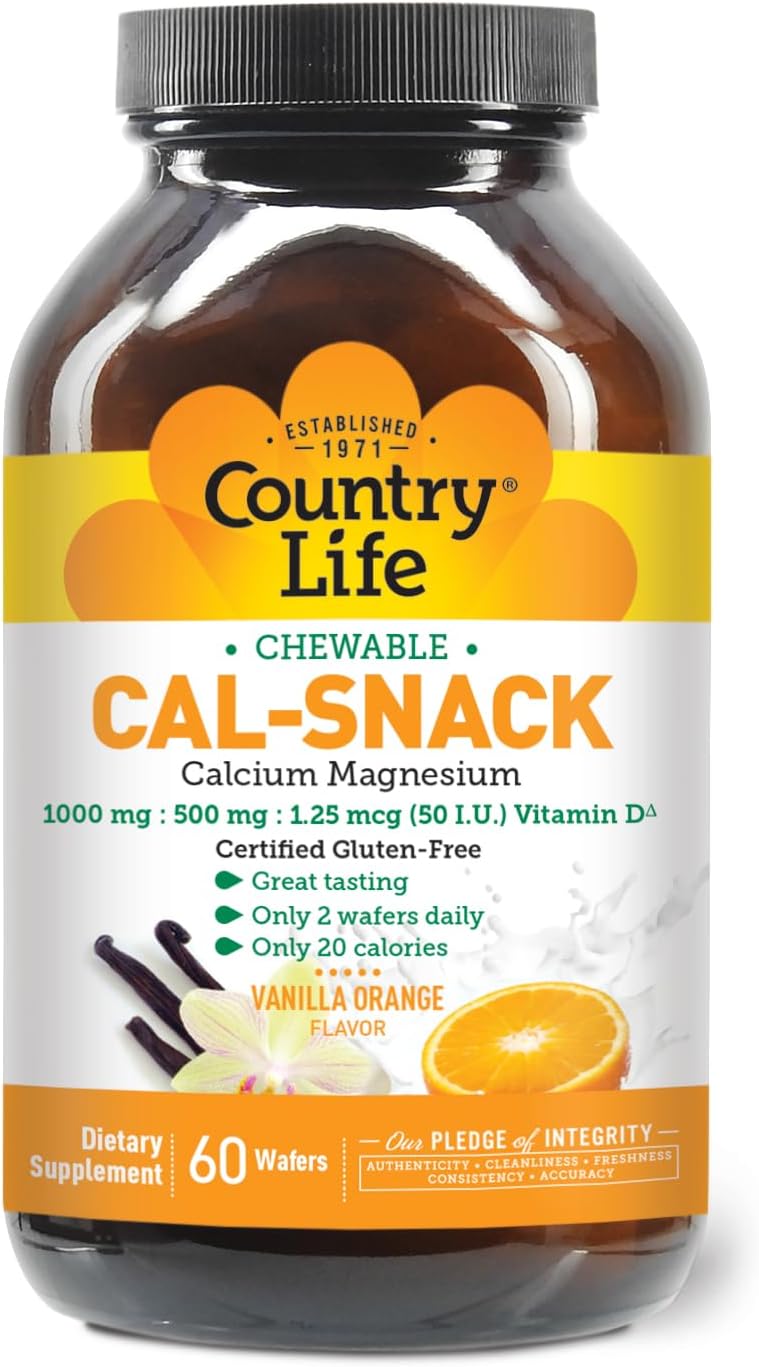 Country Life Cal-Snack Chewable Calcium, Magnesium & Vitamin D – 1000 mg / 500 mg / 50 IU – 60 Wafers