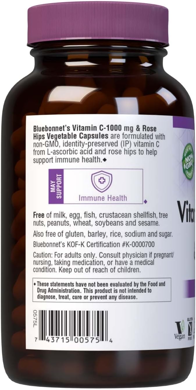 BlueBonnet Vitamin C 1000mg with Rose Hips – L-Ascorbic Acid, Vegan, Non-GMO – 180 Vegetable Capsules